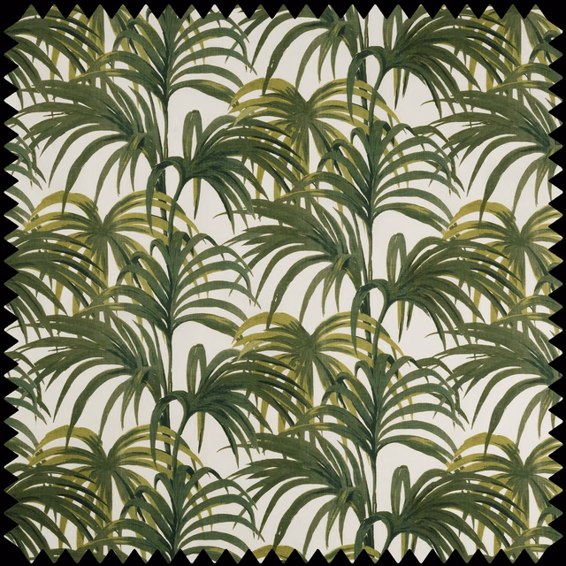 Off-white cotton-linen swatch with dense layered green palm fronds and olive accents