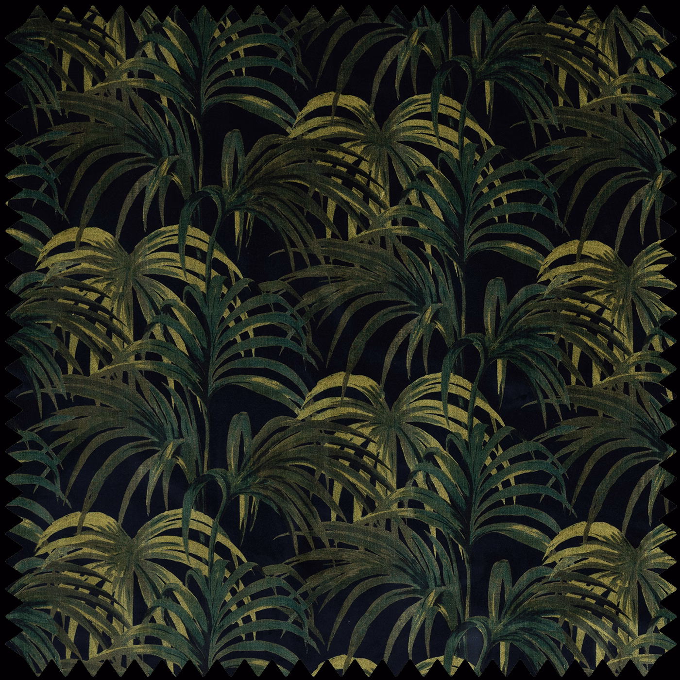 Midnight velvet with layered olive and forest-green palm fronds
