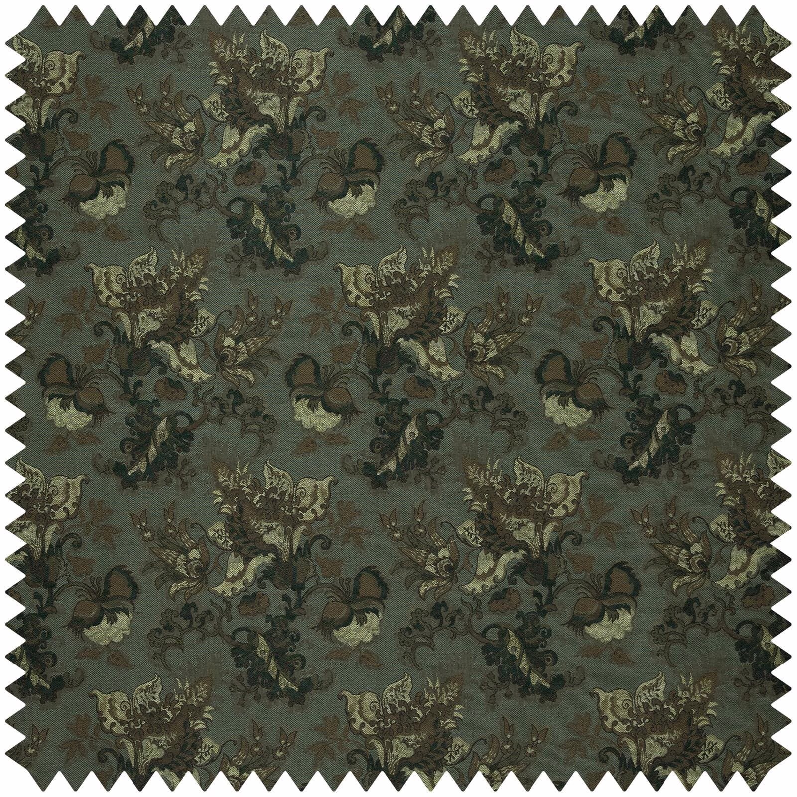 Verdigris jacquard with scrolling botanical flowers in teal, moss and antique cream