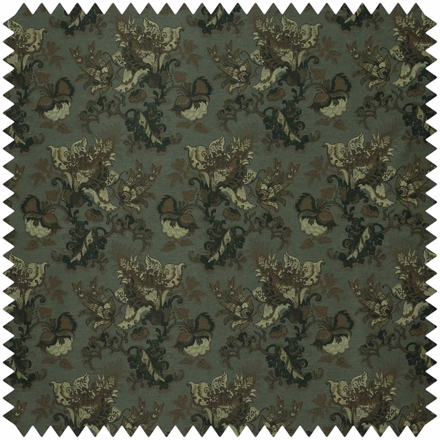 Verdigris jacquard with scrolling botanical flowers in teal, moss and antique cream