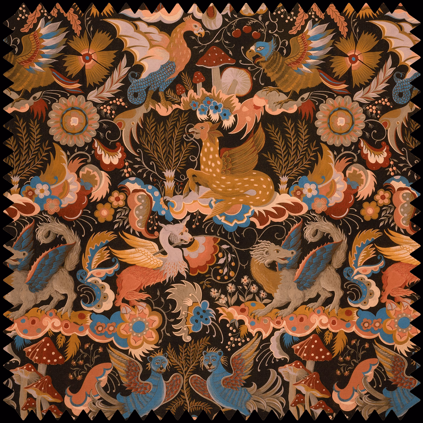 Selenite Orange fabric with burnt-orange birds, deer, florals and teal-blue details on black