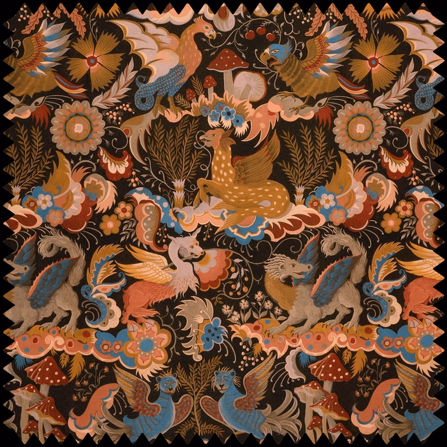Selenite Orange fabric with burnt-orange birds, deer, florals and teal-blue details on black