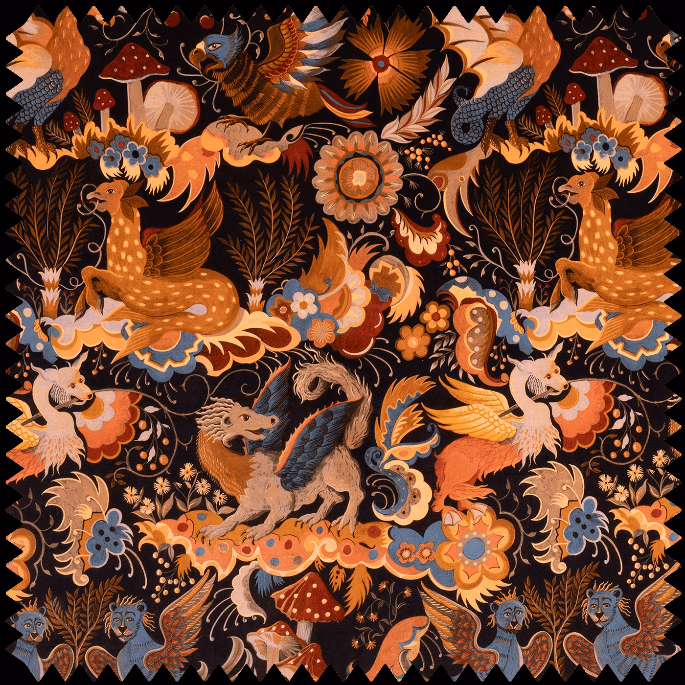 Black velvet with burnt-orange deer, birds, flowers and woodland creatures in an ornate repeat