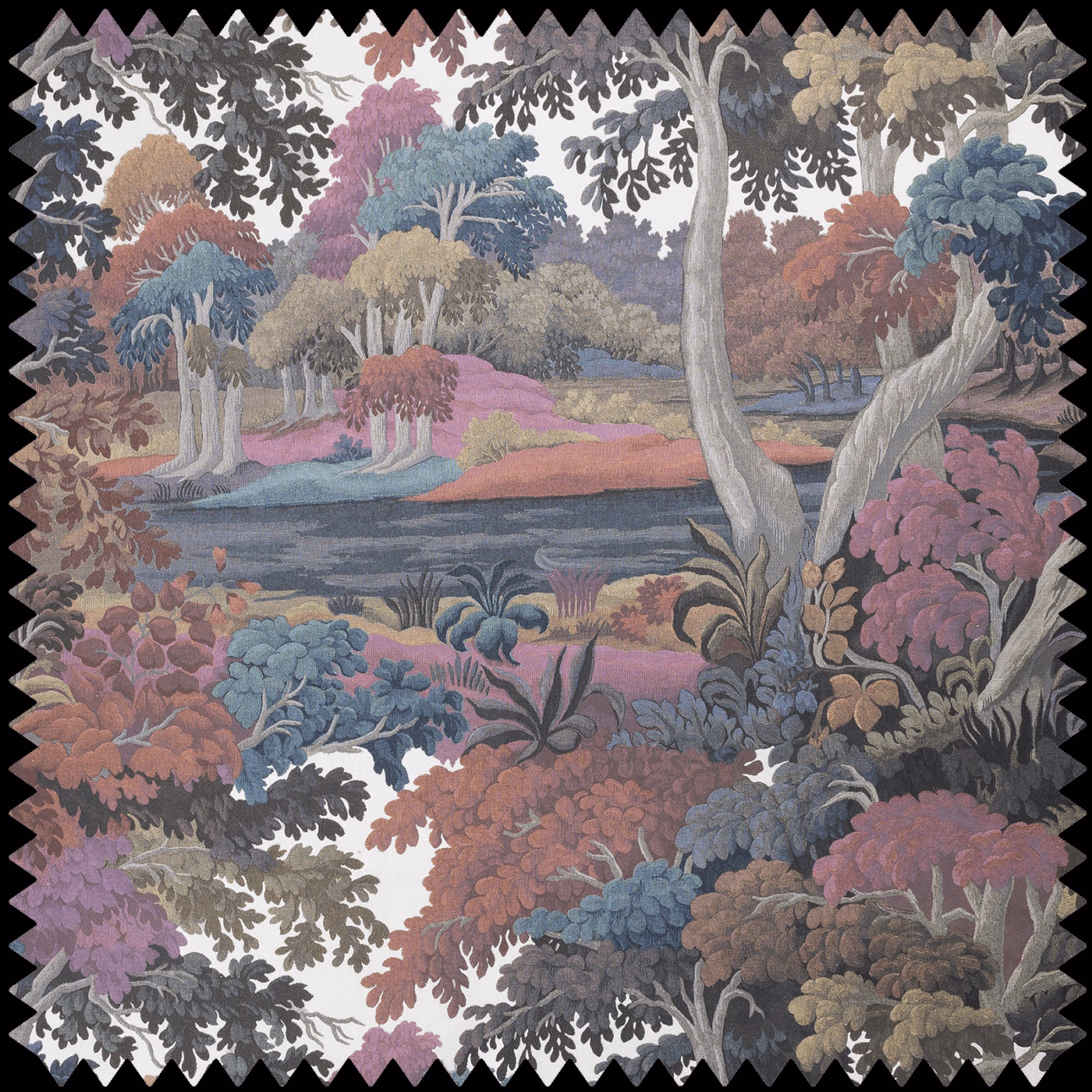 Muted Prism woodland landscape with blue, rose and mauve foliage around a lake