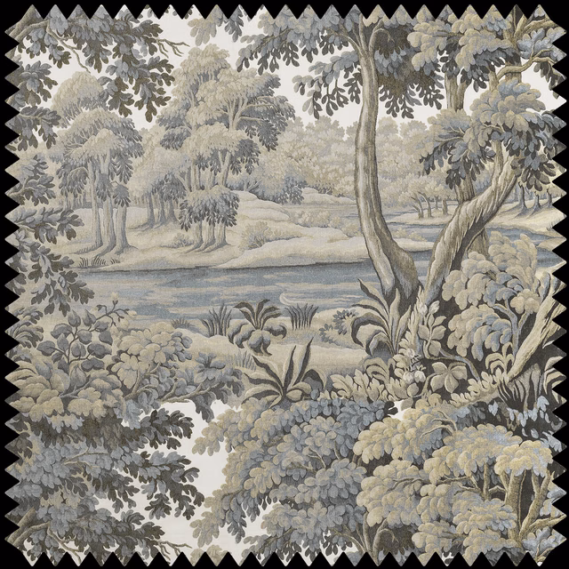 Muted sage and blue-grey woodland landscape with dense leafy border on linen-textured cloth