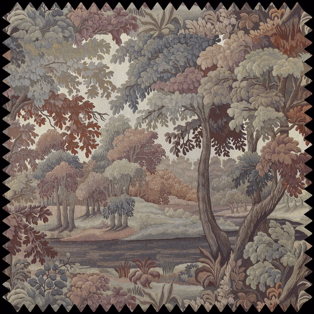 Tobacco woodland landscape textile with sage foliage, mauve trees and winding waterway