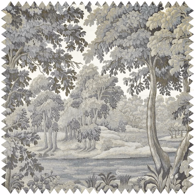 Muted sage woodland landscape with layered trees and ivory open ground
