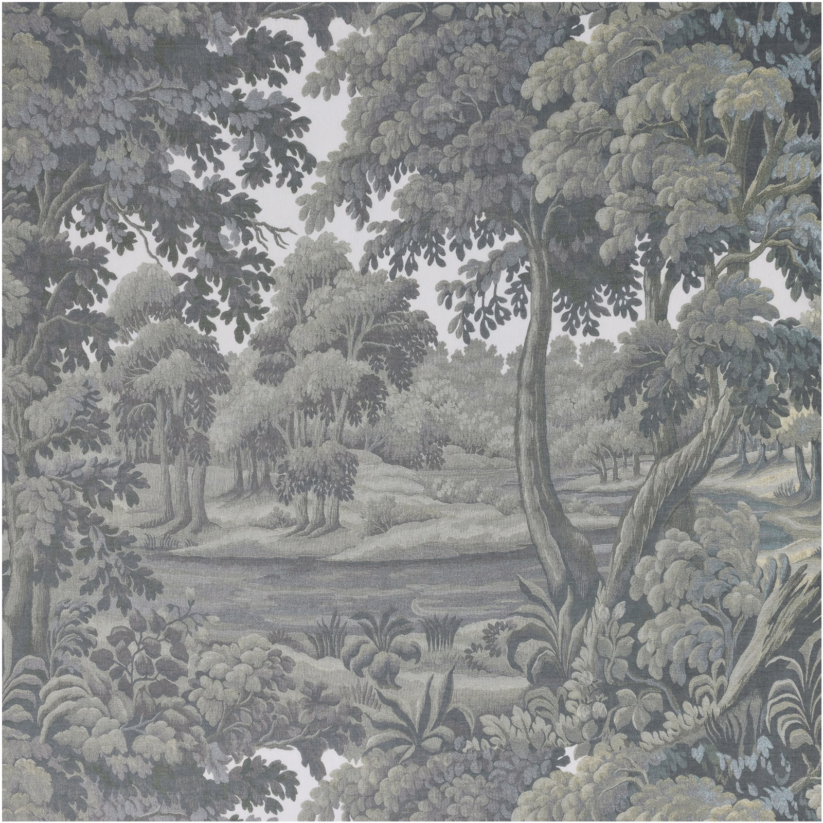 Sage-grey woodland landscape fabric with dense trees, foliage and distant clearing