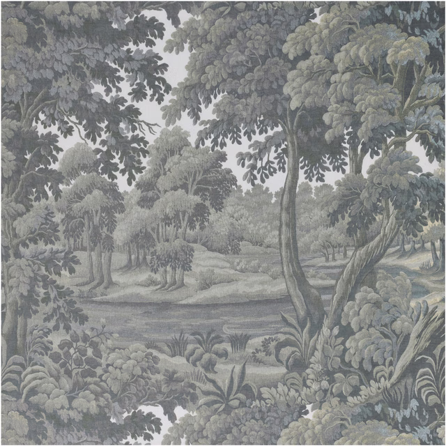 Sage-grey woodland landscape fabric with dense trees, foliage and distant clearing