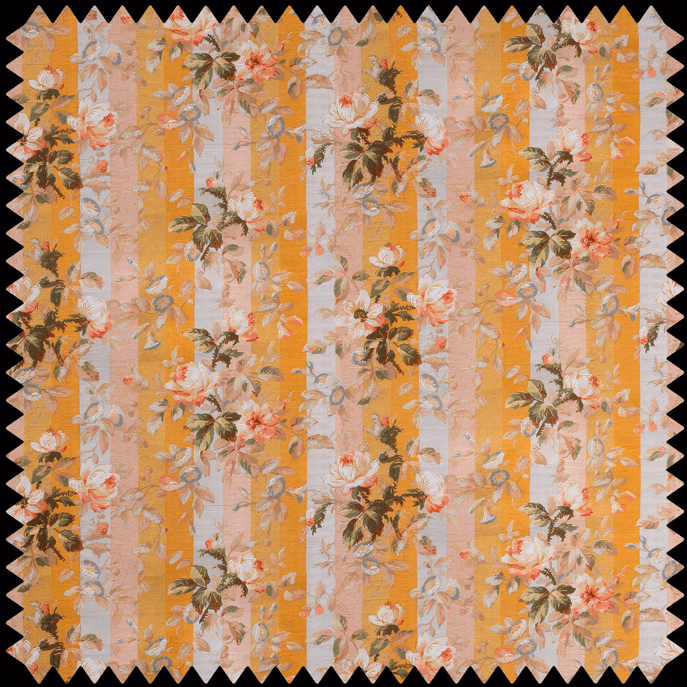 Ochre and blush striped fabric with pale roses, peach blooms and leafy bouquets