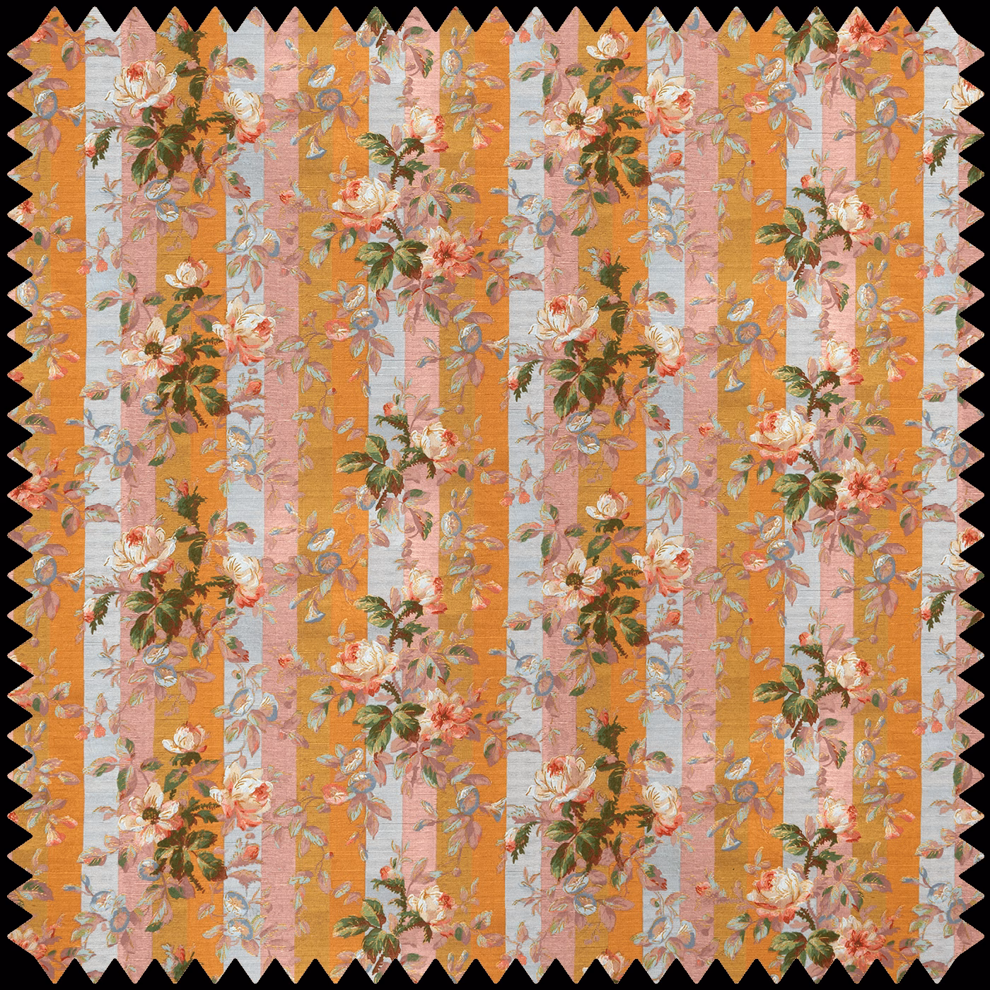 Dusty pink and ochre striped fabric with cream roses and leafy bouquets