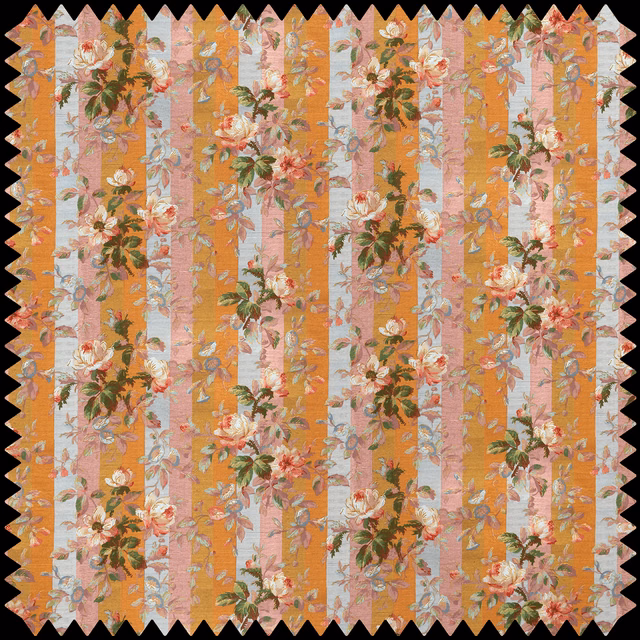 Dusty pink and ochre striped fabric with cream roses and leafy bouquets