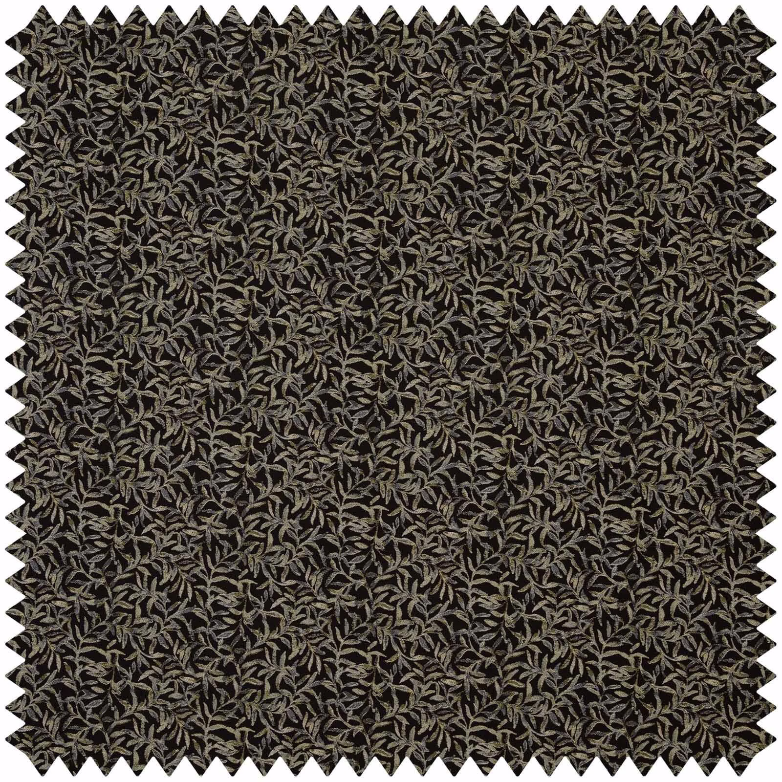 Near-black jacquard swatch with dense taupe-grey leafy sprigs and textured weave