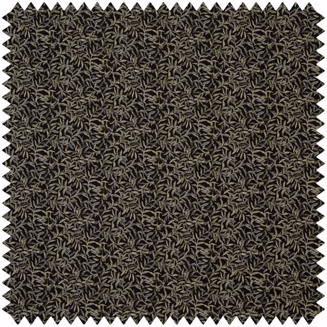 Near-black jacquard swatch with dense taupe-grey leafy sprigs and textured weave