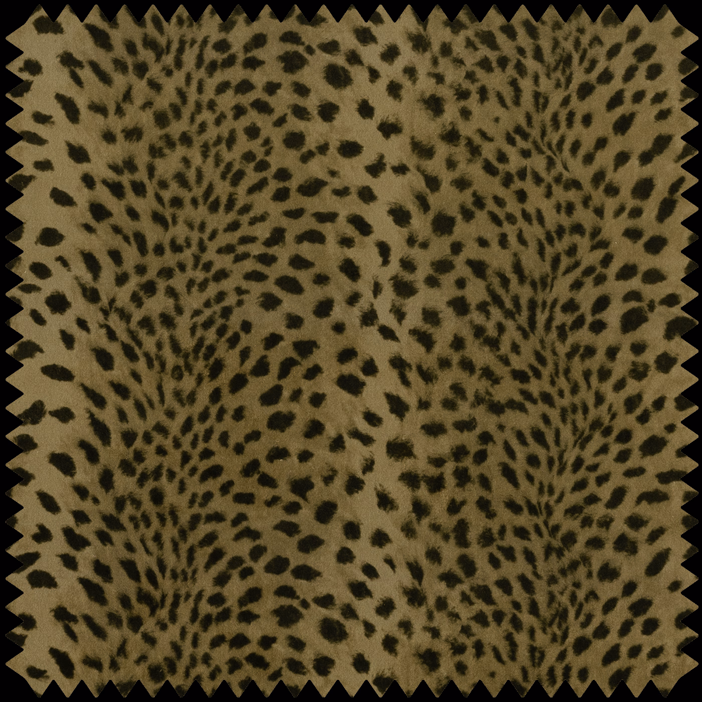Olive-gold velvet with dark branching animal spots and a soft plush sheen