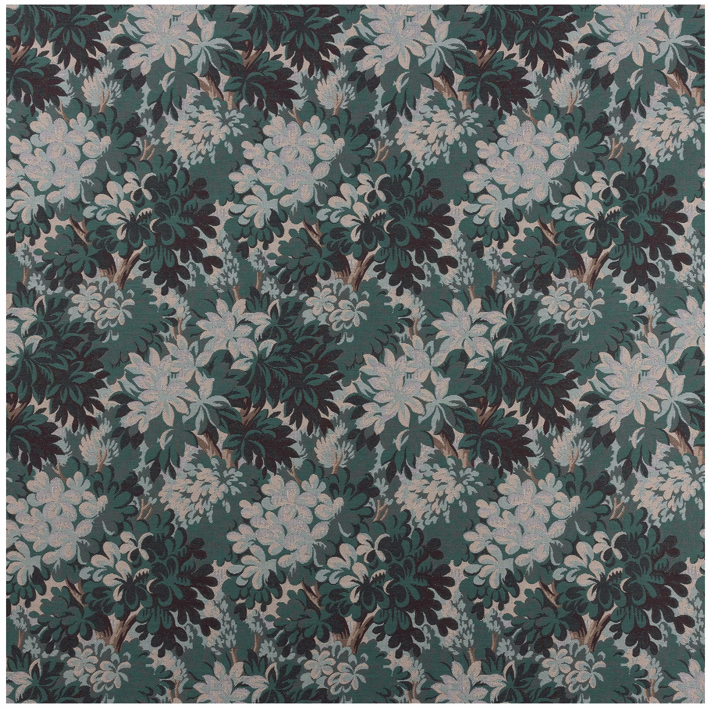 Muted cerulean jacquard with pale floral sprays and charcoal foliage