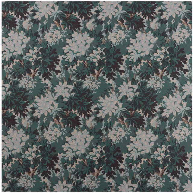 Muted cerulean jacquard with pale floral sprays and charcoal foliage