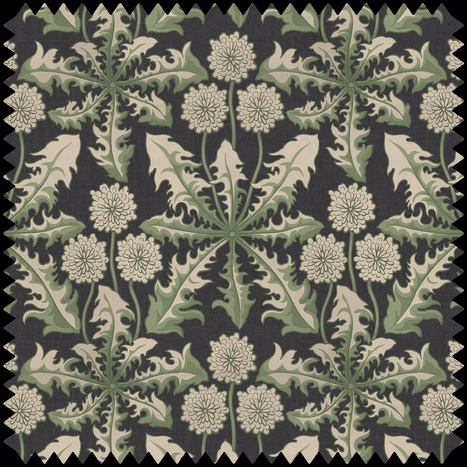 Charcoal botanical fabric with sage foliage and cream thistle-like flower heads
