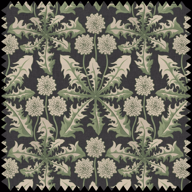Charcoal botanical fabric with sage foliage and cream thistle-like flower heads
