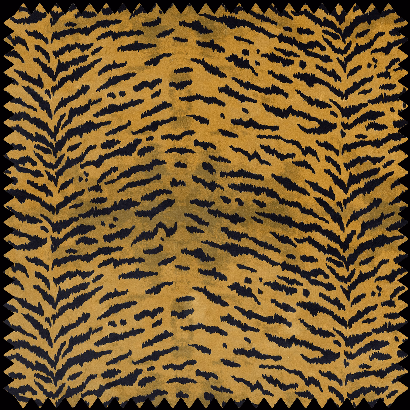 Warm ochre-taupe velvet with irregular black tiger stripes and zigzag edges