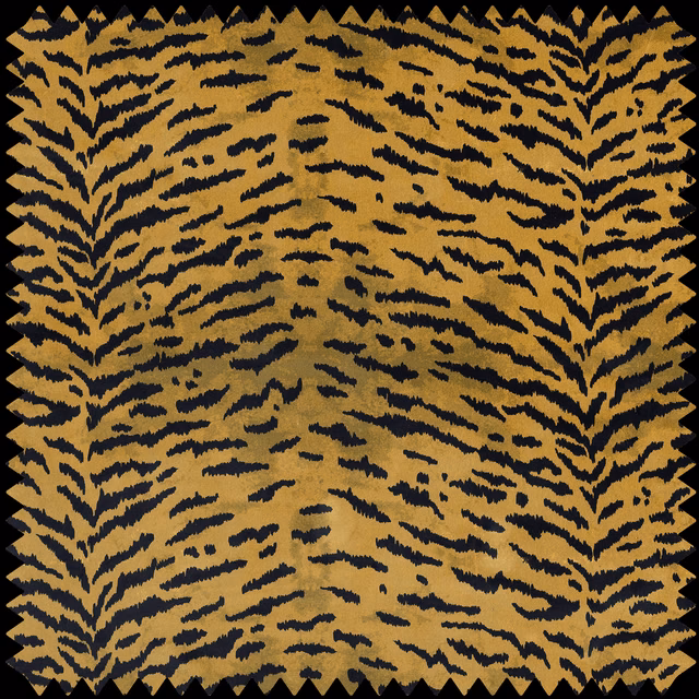 Warm ochre-taupe velvet with irregular black tiger stripes and zigzag edges