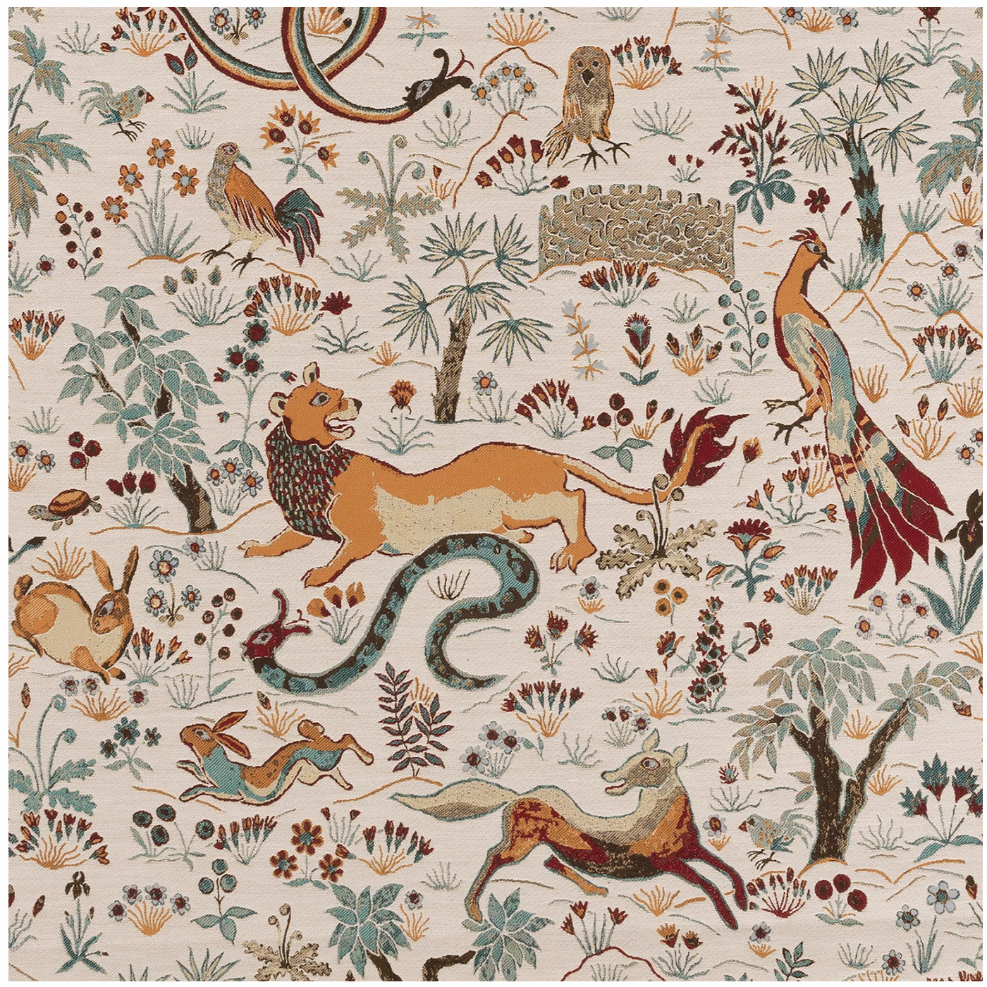 Warm ecru jacquard showing rust animals, teal foliage, birds and a winding snake
