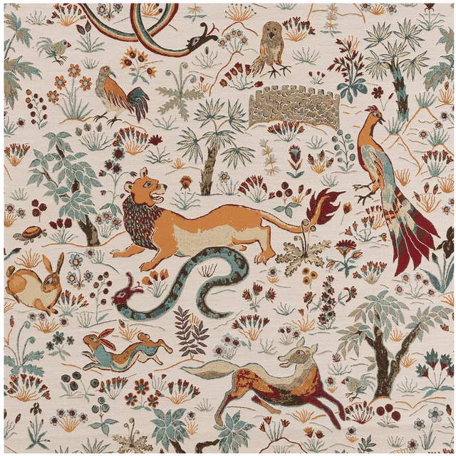 Warm ecru jacquard showing rust animals, teal foliage, birds and a winding snake