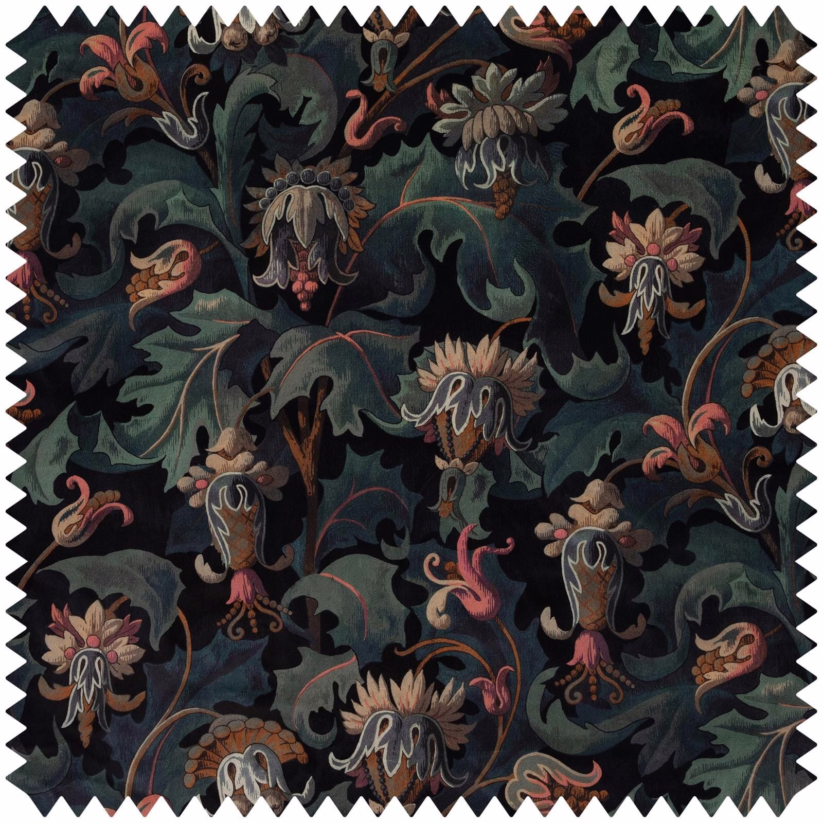 Deep teal velvet with curling leaves, coral flowers and taupe botanical heads