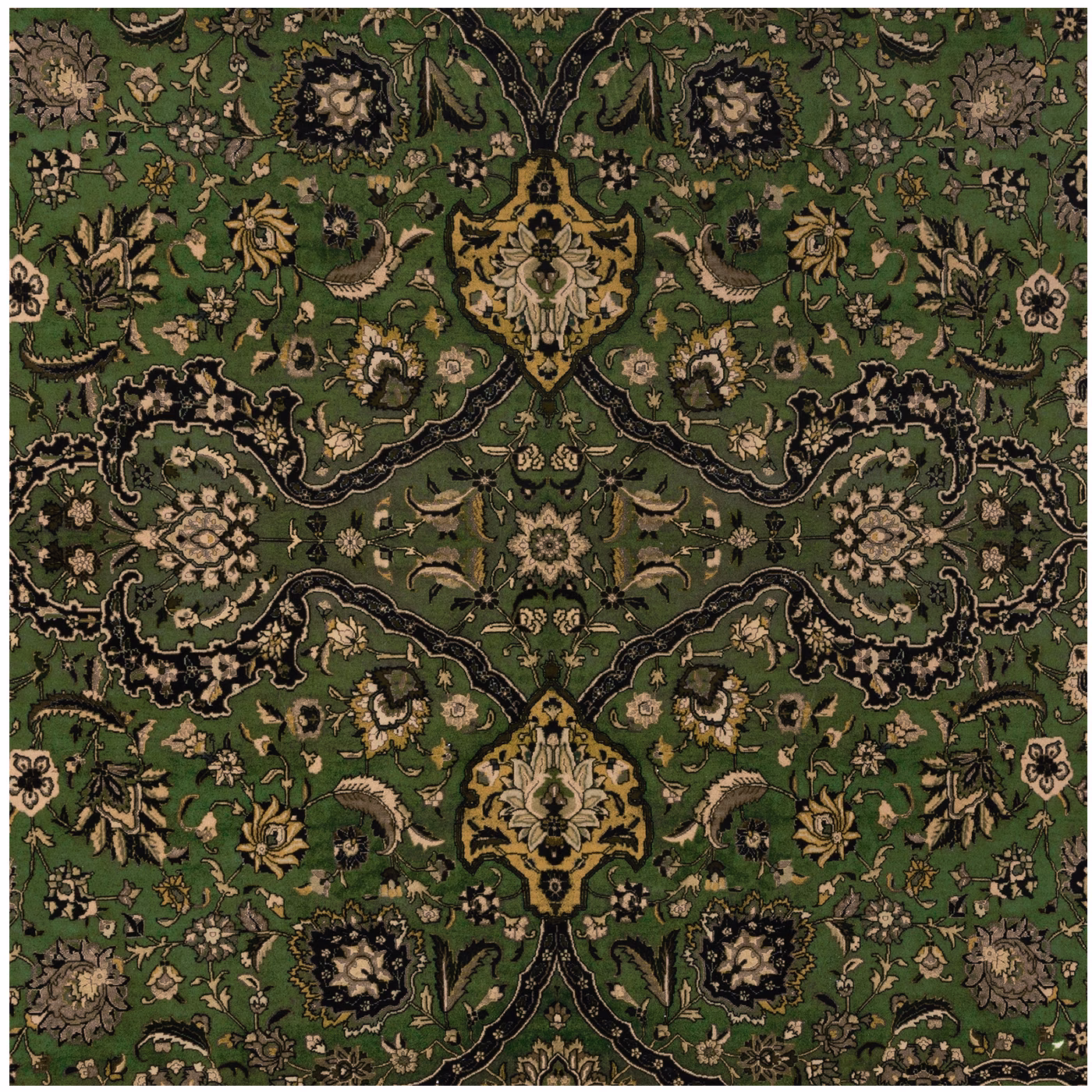 Juniper green velvet with ornate cream florals, black scrolls and ochre medallions