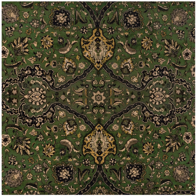 Juniper green velvet with ornate cream florals, black scrolls and ochre medallions