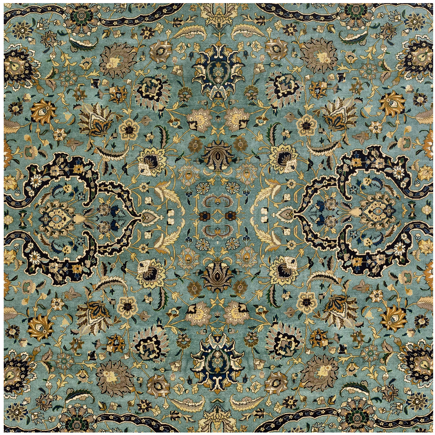 Teal sapphire velvet with ornate cream, ochre and black floral motifs