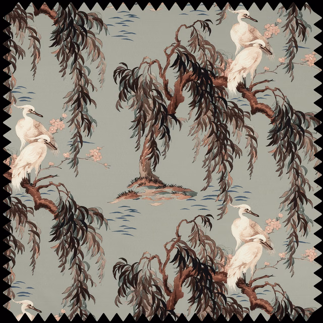 Muted eau-de-nil fabric with cranes, drooping willow, pink blossom and blue ripples