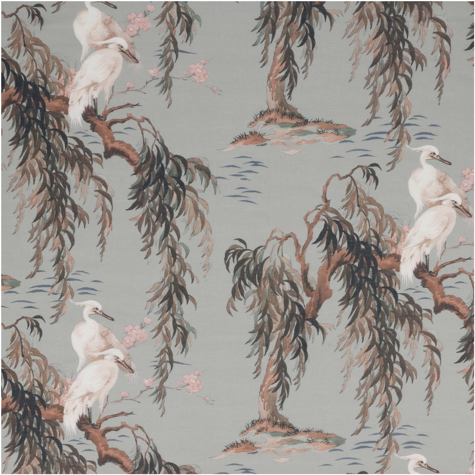 Eau de nil crane and willow print with pink blossom and blue water ripples