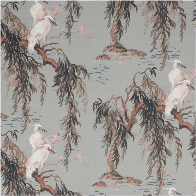 Eau de nil crane and willow print with pink blossom and blue water ripples