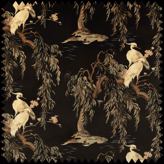 Carob velvet with cream cranes, willow branches and muted waterside foliage