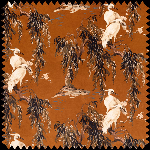 Warm tobacco velvet with white cranes, dark willow branches and pale landscape accents