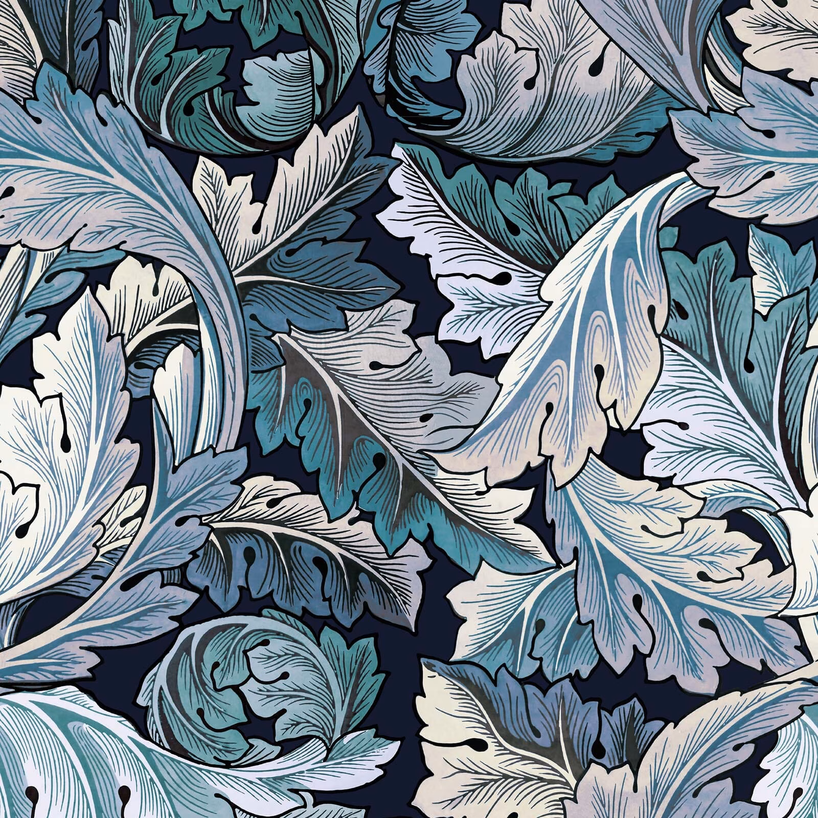 Blue and teal acanthus leaves with cream details on a midnight wallpaper ground