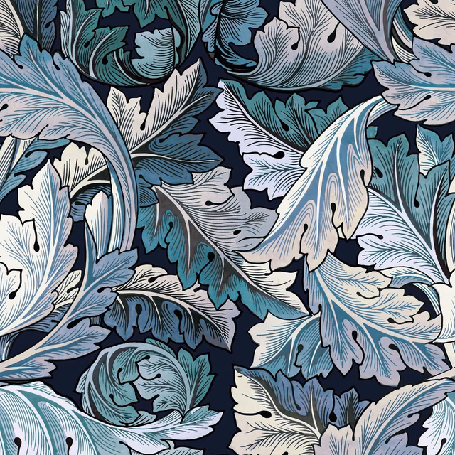 Blue and teal acanthus leaves with cream details on a midnight wallpaper ground