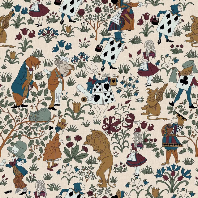 Warm cream Alice wallpaper with teal figures, burgundy flowers, playing cards and botanical illustrations
