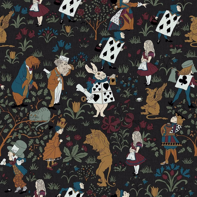 Noir wallpaper with white playing cards, Alice figures and jewel-toned botanical illustrations