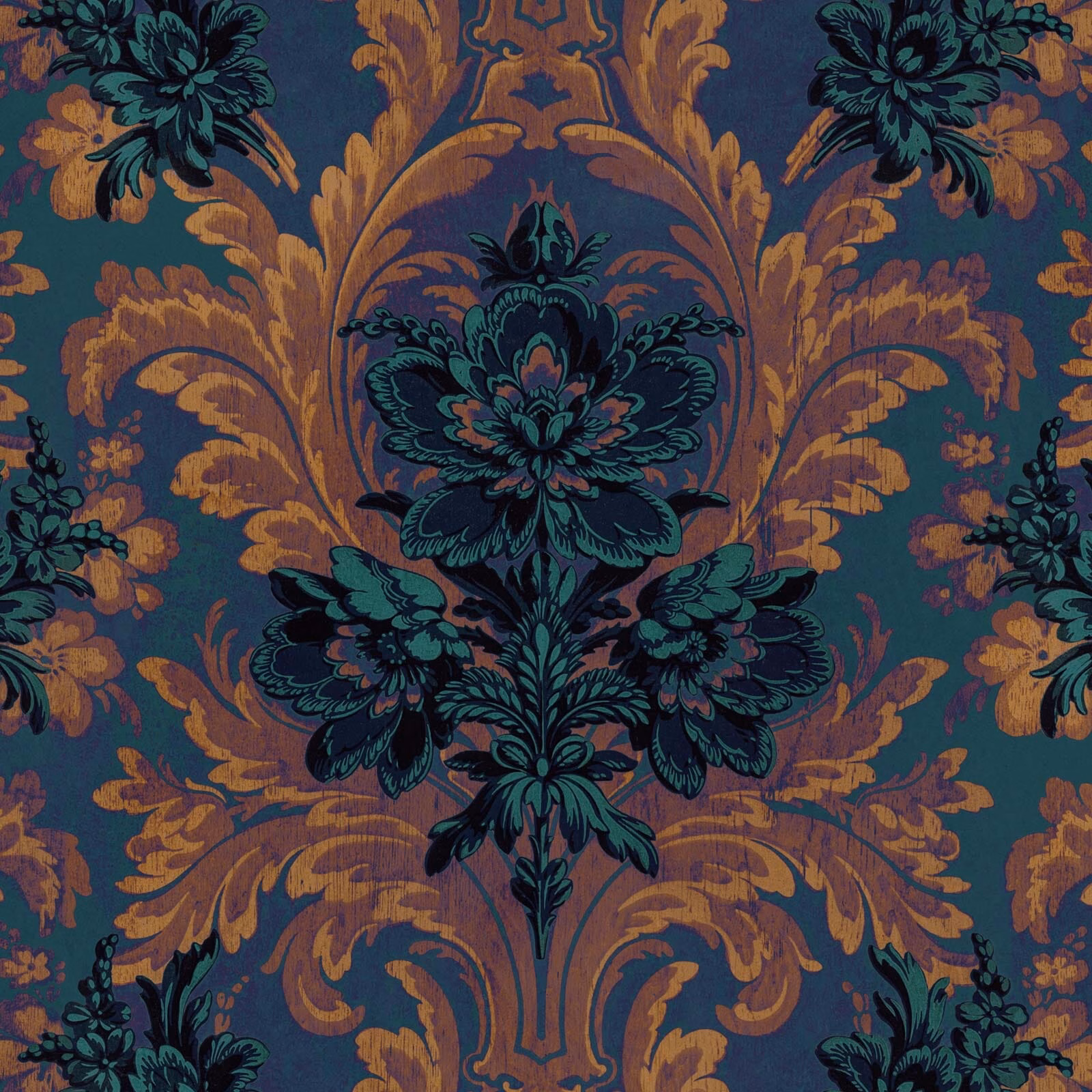 Ink wallpaper with teal flowers and ochre scrolls on a deep blue ground
