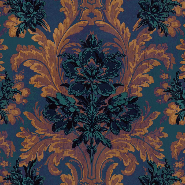 Ink wallpaper with teal flowers and ochre scrolls on a deep blue ground