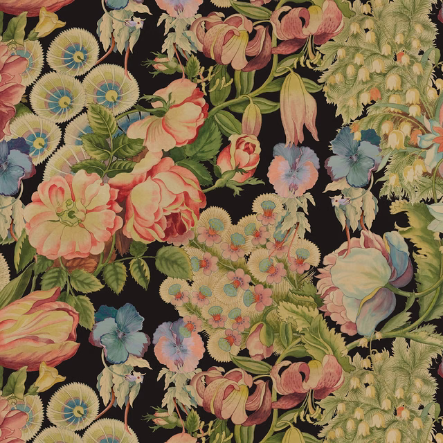 Dense coral, blue and olive botanical flowers on a richly coloured black ground
