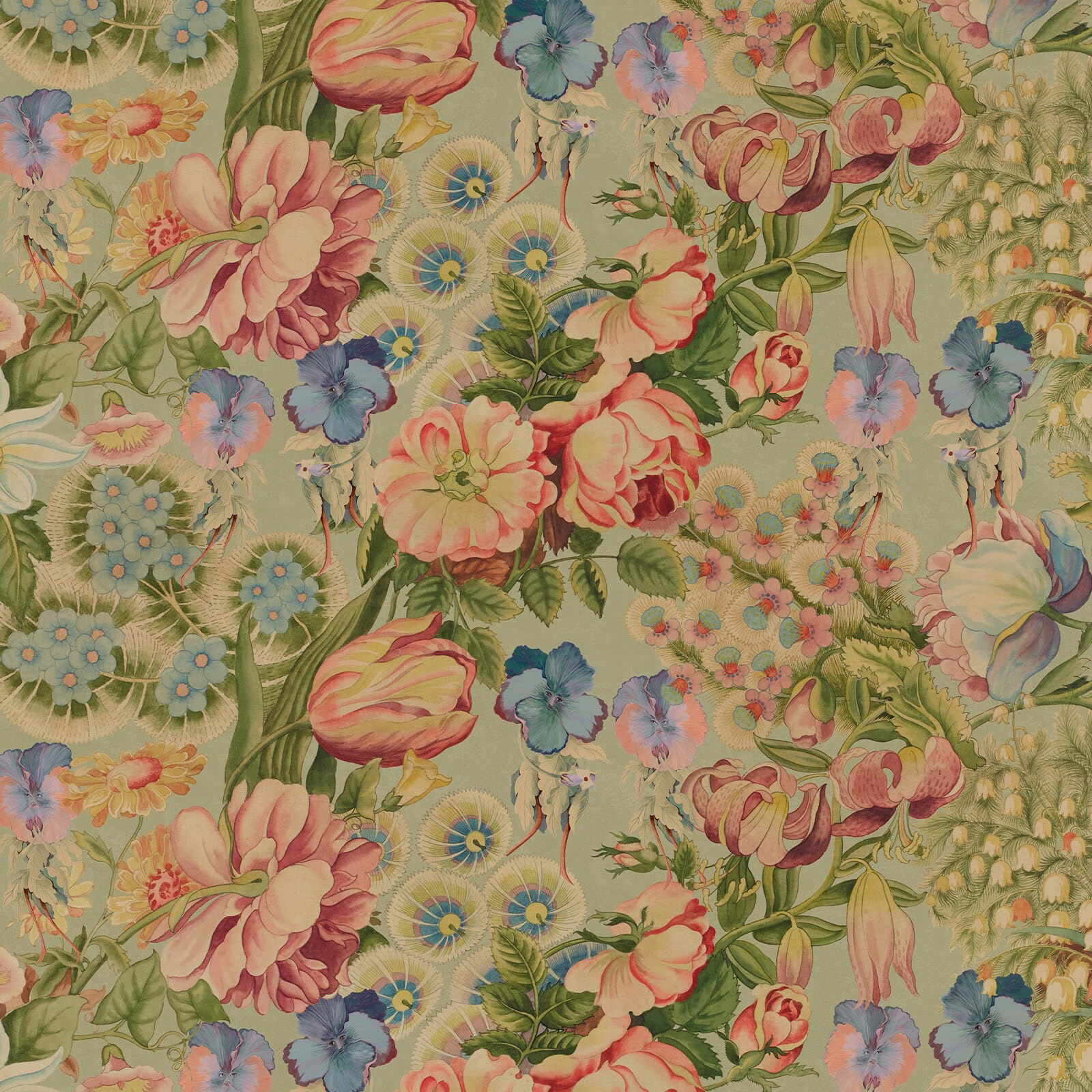 Muted apple-green floral wallpaper with coral blooms, blue flowers and trailing leaves