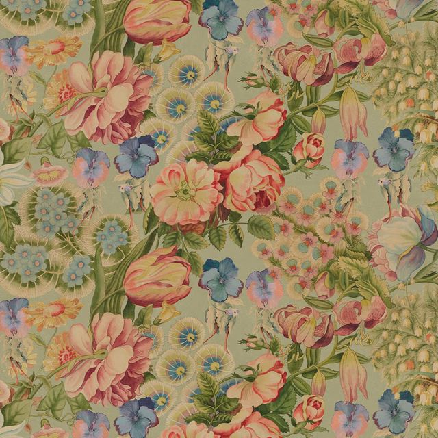 Muted apple-green floral wallpaper with coral blooms, blue flowers and trailing leaves