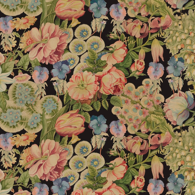 Dense multicolour floral botanical pattern on a near-black wallpaper ground