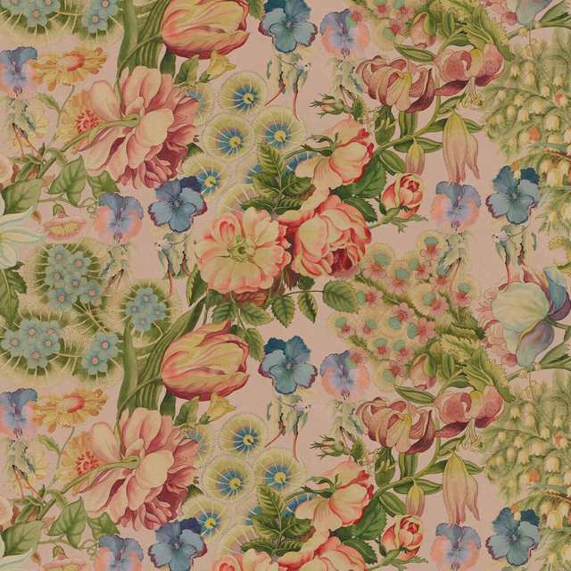 Tourmaline wallpaper with blush ground and densely layered coral, blue and sage florals