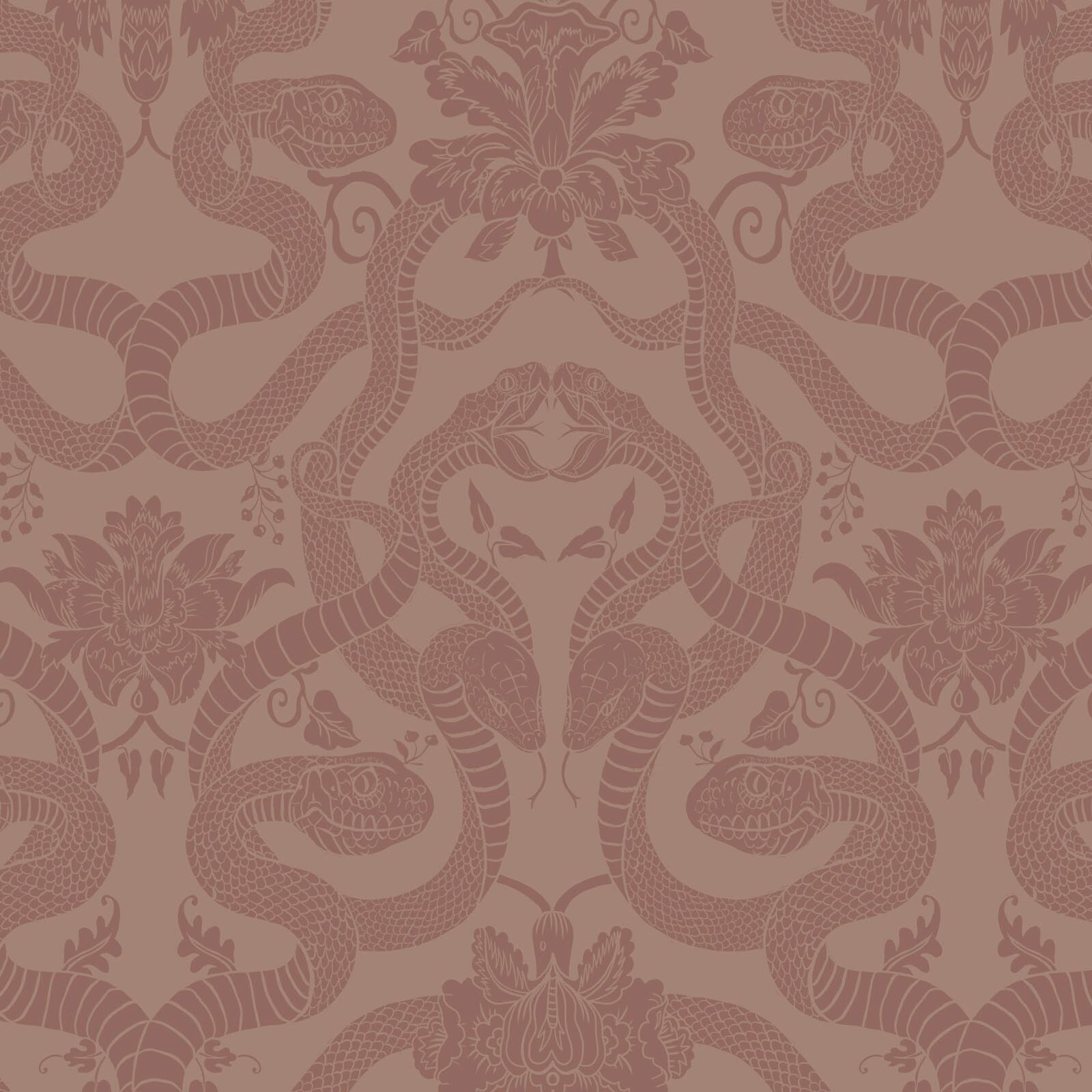 Dusky pink wallpaper with darker rose snakes, flowers and fine ornamental detailing