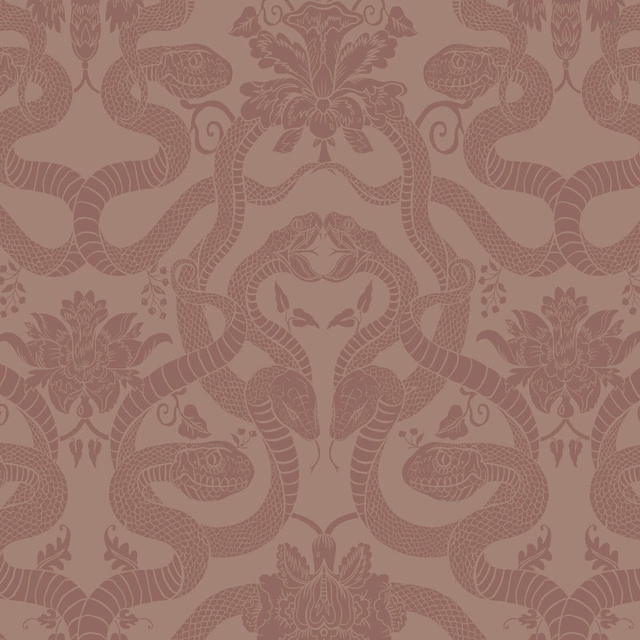Dusky pink wallpaper with darker rose snakes, flowers and fine ornamental detailing