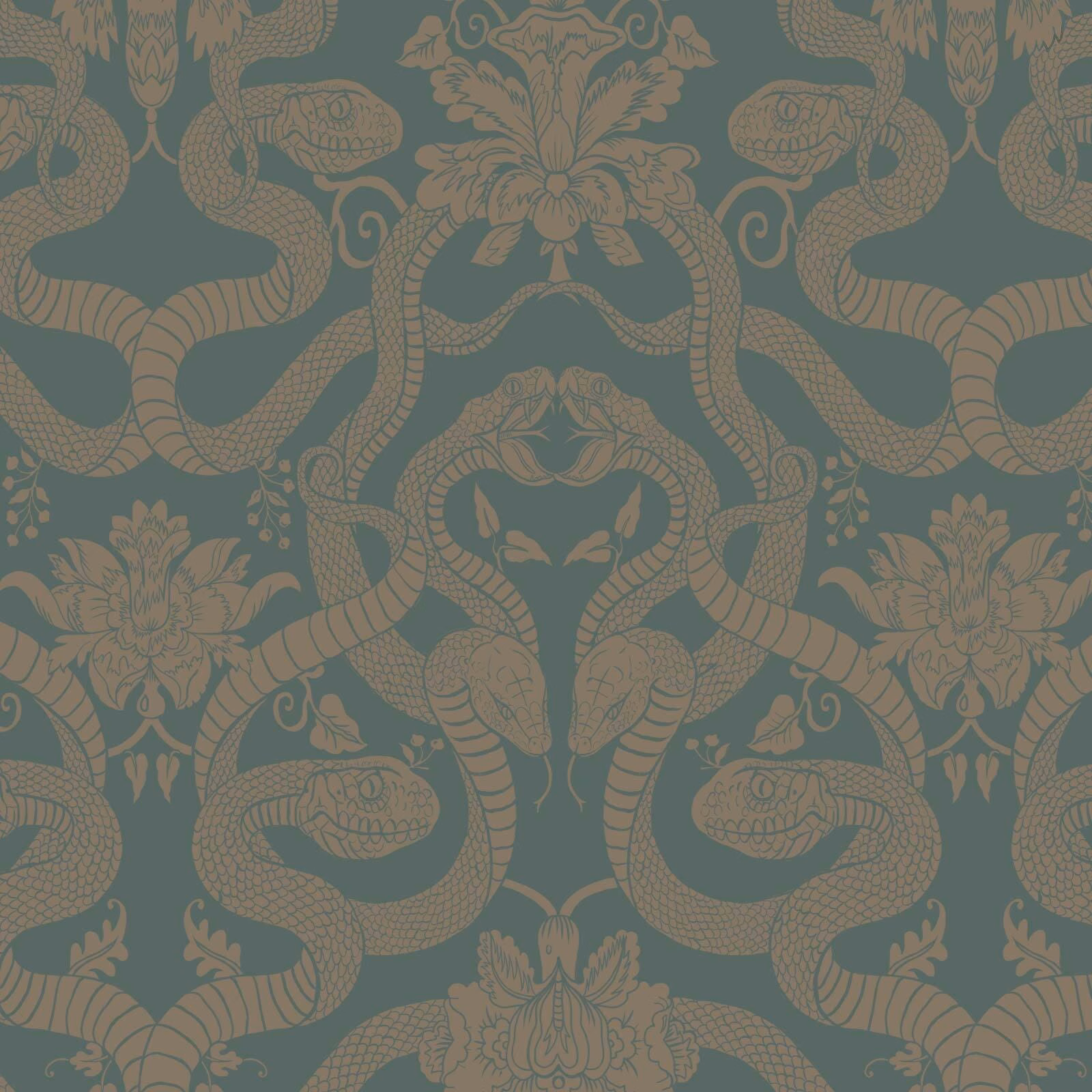 Muted eucalyptus wallpaper with taupe snakes, mirrored flowers and detailed botanical linework
